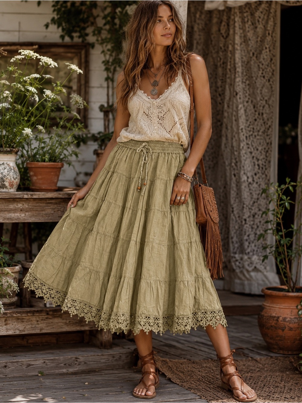 Young Threads NWT Tiered Boho Cottagecore Midi Skirt Crochet Lace Hem